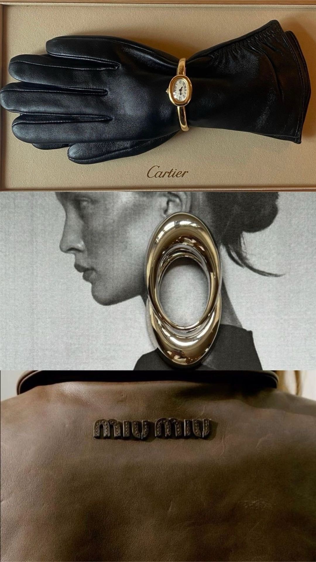 Editorial collage of a Cartier watch, sculptural earring and Miu Miu clasp